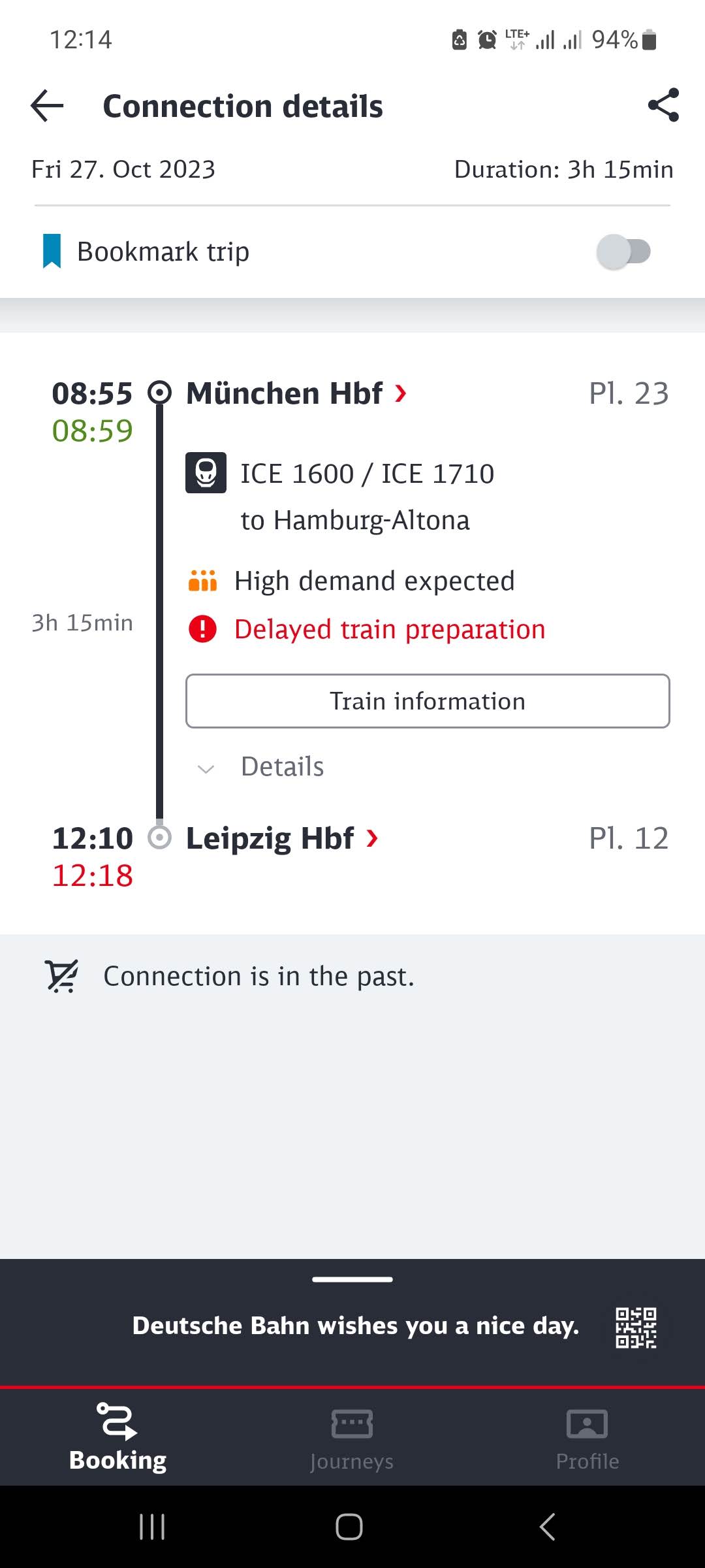 DB App showing the delay for my journey from München to Leipzig